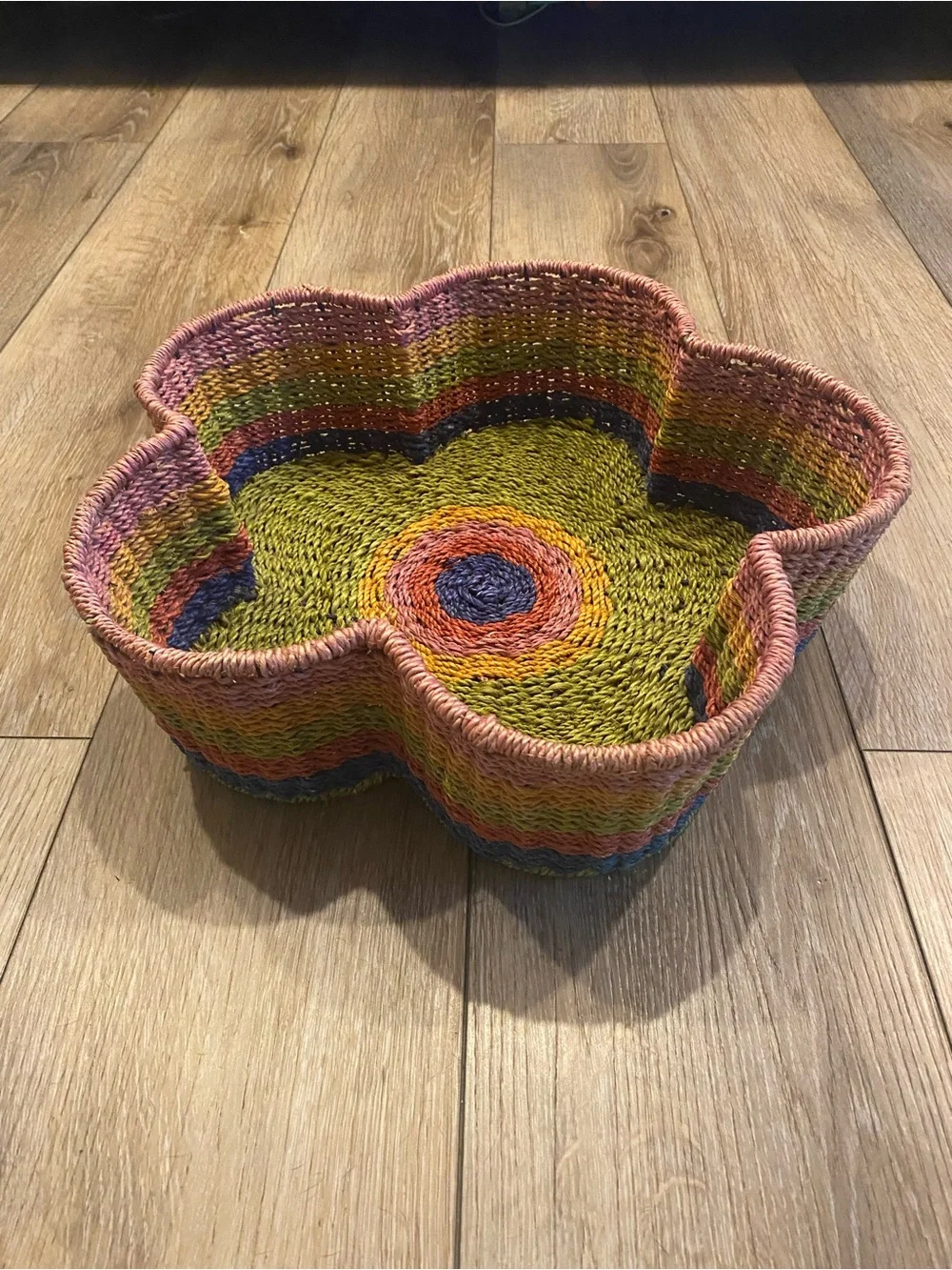Flower Shaped Woven Basket Bowl Multicolor Rainbow Rope Decorative Storage Tray